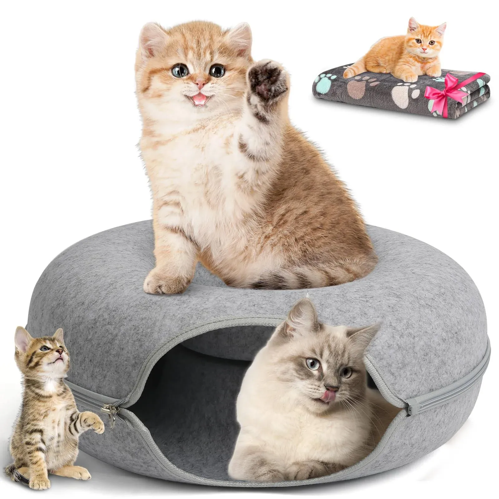 Large 24 Inch,Cat Tunnel Bed,HOMAGICO Peekaboo Cat Cave with Pet Blanket,Detachable Donut Tunnel Bed for Indoor Cats,Exercise Scratching & Hideway Cat Nest,Cat Up to 22 lbs(Dark Grey)