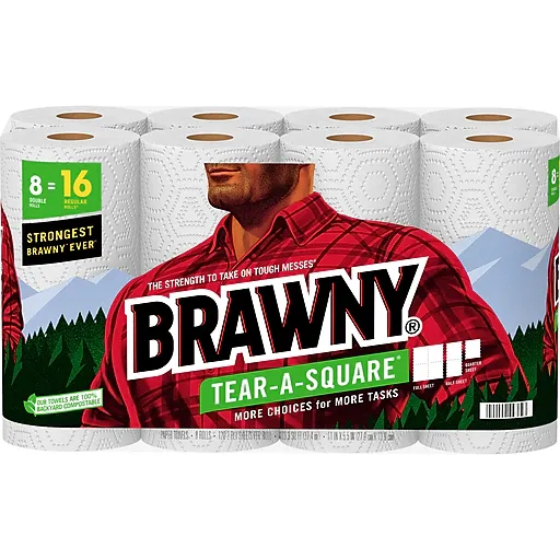 Brawny Tear-A-Square Paper Towels, 2-ply, 120 Sheets/Roll, 8 Rolls/Pack (443665)