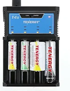 Tenergy T4s Intelligent Universal Charger, 4-Slot Battery Charger for Li-ion, LiFePO4, NiMH and NiCd Rechargeable Batteries,18650, 14500, 26650, AA AAA C Cell Battery Charger with Car Adapter