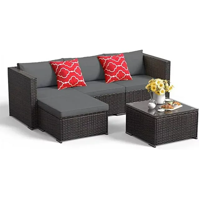 Aiho 5 Piece Rattan Patio Furniture Set , Outdoor Furniture Set with Cushion and Glass Table for Backyard, Grey