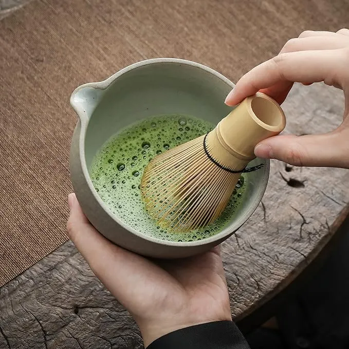 TEANAGOO Matcha Whisk Set Matcha Bowl with Pouring Spout Bamboo Matcha Whisk Scoop Matcha Whisk Holder Tea Making Kit. 1 Japanese Tea Set (7pcs) + 2Cups(7.2oz),S2,Darker Grey,Color Box Packing