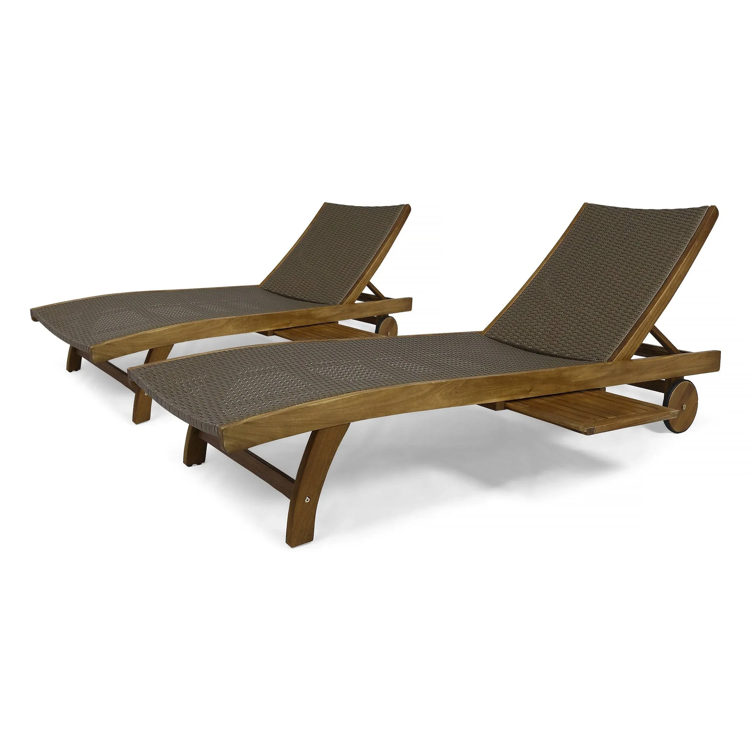 Yedda Outdoor Wicker and Wood Chaise Lounge with Pull-Out Tray , Gray/Set of 2