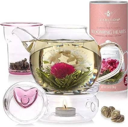 Teabloom Eternal Love Flowering Tea Gift Set - Glass Teapot (36 oz), Heart-Topped Lid, Tea Warmer, Loose Tea Infuser & 12 heart shaped teas