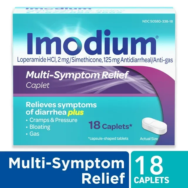 Imodium Multi-Symptom Caplets for Diarrhea Relief with Gas, Bloating & Cramps, 18 ct.