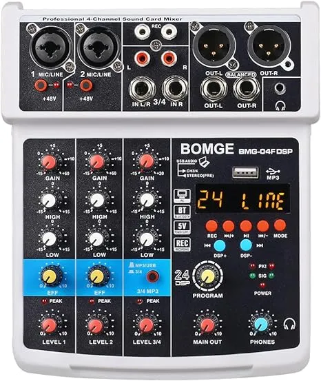 BOMGE 4 Channel mini DJ Audio Sound Mixer Interface with MP3、 USB, Bluetooth, Stereo Recording, 48V Phantom Power, 24 DSP for karaoke, performance, church singing 、 podcas streaming- white