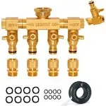 Morvat Brass 4 Way Splitter with Rotating Arms, Garden Hose Manifold Connector with On/Off Valves & Quick Connect Fittings, Water Faucet & Spigot