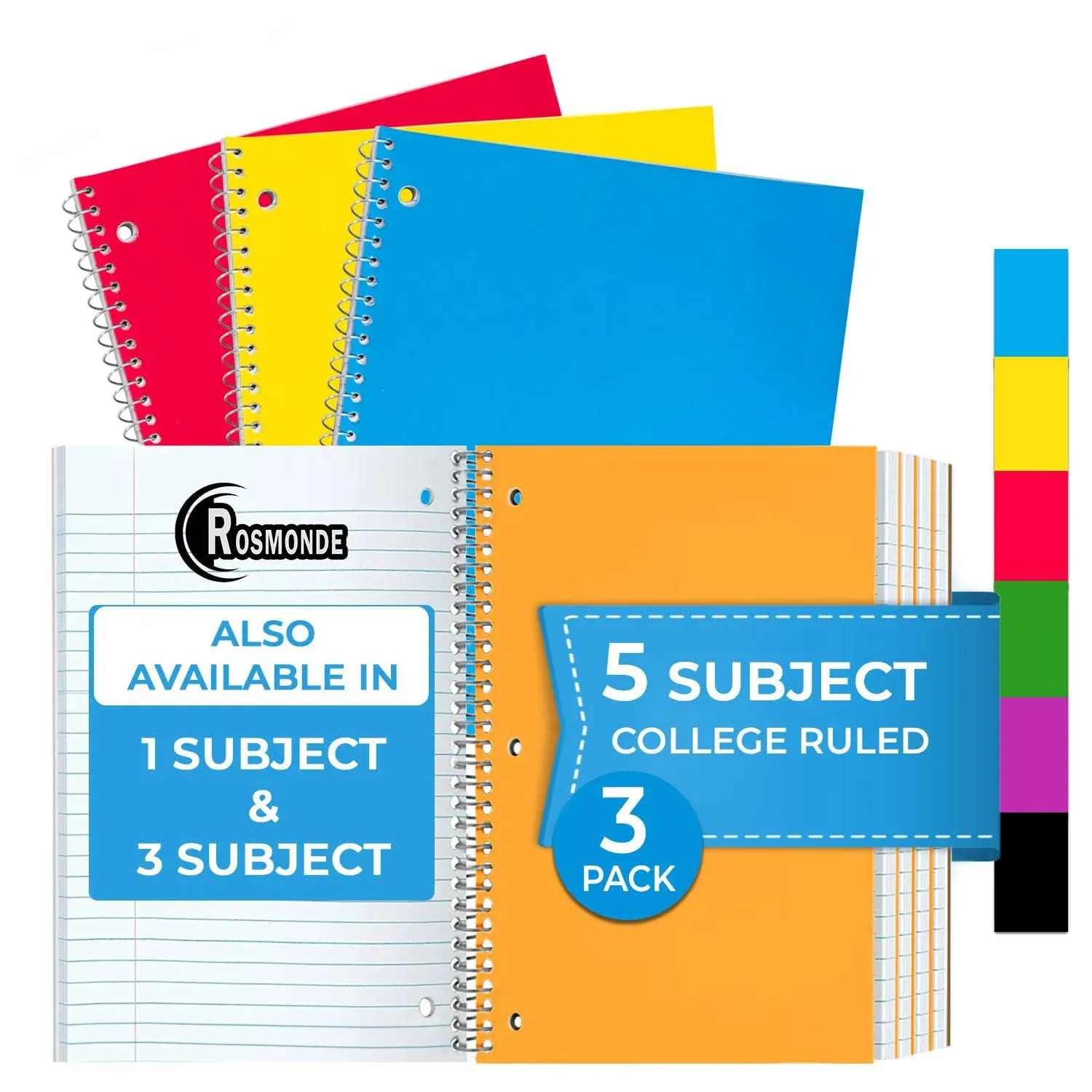 5 Subject Notebook College Ruled, 3 Value Pack, 300 Pages (150 Sheets), 8 x 10-1/2", 5 Subject College Ruled Spiral Notebooks for School & Office, Thick Paper Fights Ink Bleed, 3 Hole Punched