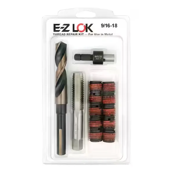 E-Z LOK Repair Kit for Threads in Metal - 9/16-18 - 10 Self-Locking Steel Inserts with Drill, Tap and Install Tool EZ-329-918