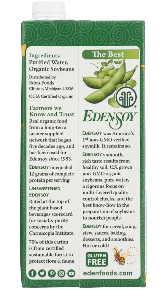 Eden Foods Unsweetened Organic Soymilk - Case of 12/32 oz