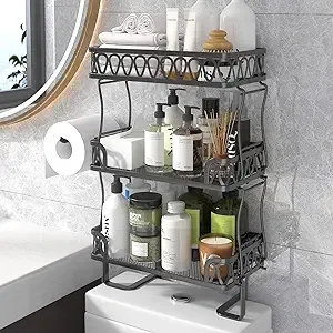 2 Tier Bathroom Over The Toilet Storage Shelf, Farmhouse Bathroom Storage Organizer with Toilet Paper Holder, Space Saver Black