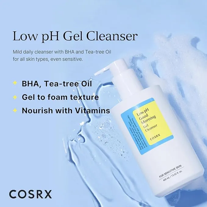 COSRX Low pH Good Morning Gel Cleanser, Amazon Exclusive, Daily Mild Face Cleanser for Sensitive Skin with BHA & Tea Tree Oil, PH Balancing, Korean Skin Care (13.52fl.oz/400ml)