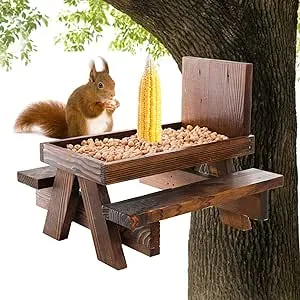 YOUEON Wooden Squirrel Feeder with Umbrella and Corn Cob Holder, Squirrel Picnic Table Feeder, Durable Squirrel Feeder for Outside, Garden, Gift for Squirrel and Chipmunk Lovers