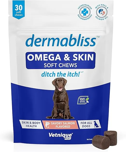 Vetnique Dermabliss Omega & Skin Health Fish Oil for Dogs Soft Chews Healthy Skin & Coat for Dogs with Biotin & DHA - Hickory Salmon Dog Treats (30ct Chews)