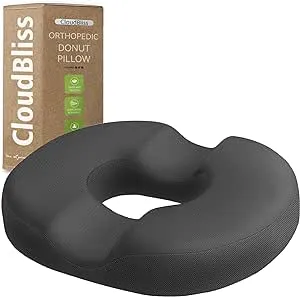 CloudBliss Donut Pillow Seat Cushion for Tailbone Pain Relief and Hemorrhoids, Memory Foam Seat Chair Cushion for Postpartum Pregnancy, Seat Cushions for Men and Women for Home & Office, (Grey)