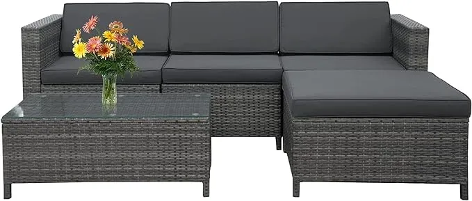 5 Piece Outdoor Patio Sectional Furniture Set, Weather Resistant Rattan Outside Couch, Waterproof Conversation Sofa for Balcony, Porch, Backyard, Deck, Garden, Grey