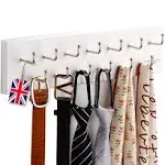 Treehouse Belt Organizer Rack, Holds Over 28 Large Belts, Sturdy Metal & Solid Wood Storage Holder for Closet, Versatile, Wall Mounted Belt & Tie Display Hanger for Bedroom - (White) 16''L x4.25''H