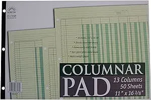 Norcom Columnar Pad 13 Columns, 11 x 16.375 Inches, 50-Sheets, Green (76713-10)