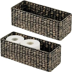 mDesign Woven Hyacinth Narrow Bathroom Toilet Roll Holder Storage Organizer Basket Bin - Rectangle Containers for Bathroom, Toilet Tank - Hold 3 Rolls of Toilet Paper - 2 Pack - Gray