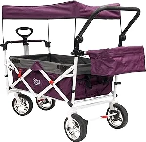 Creative Outdoor Wagon, Push and Pull Double Stroller for Toddlers & Kids with Removable Canopy and Seat Belt Harnesses, Collapsible Folding Garden Cart, Adjustable Handle, Beach Wagon (Purple)