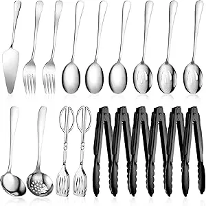 Tanlade 19 Pcs Stainless Steel Serving Utensils Set Flatware Include Spoons Forks Slotted Spoons Soup Ladle Skimmers Pie Server Serving Tongs for Home Buffet Party Breakfast Dinner(Silver, Black)