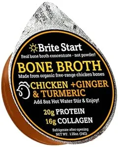 Brite Start Bone Broth - Chicken + Ginger & Turmeric - 4 Count - Keto Friendly Concentrate with 16g Collagen, 20g Paleo Protein - Made from Free Range Chicken Bones - Single Serve Packets