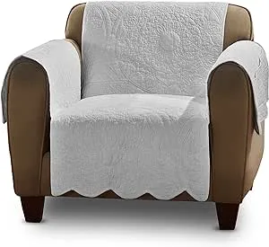 SureFit Heirloom Quilted Cotton Furniture Cover with Scallop Edge, Armchair Cover, Pet Friendly, Machine Washable, White