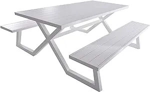 Banquet White Rectangle Aluminum Picnic Table with Attached Bench Seating