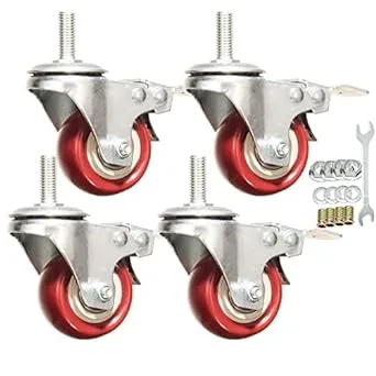 Swivel Stem Casters, Heavy Duty Double-Locking Castors with Red PU Wheels Quiet and No Marking with Metric Thread Rods M10-1.5x25mm 800-1000lb Load Capacity Pack of 4 (2 Inch)