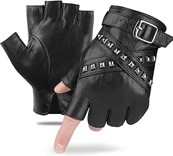 FIORETTO Men Genuine Leather Fingerless Gloves Punk Half Finger Gloves Unlined Sheepskin Gloves for Driving Motorcycle M16519