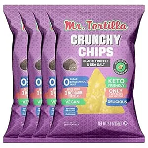 Mr. Tortilla Chips – Low Carb, Dairy Free, Keto, Vegan, Healthy Snack Crisps, 10g of Protein per Bag – High Fiber, Small Batch – 3 Net Carbs Per Serving - Black Truffle & Sea Salt 2oz Bags, 4-Pack