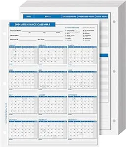 2024 Attendance Calendar Card Stock Paper – Great Employee Work Tracker | Printed on Durable and Thick 80lb (216gsm) Cardstock | 8 ½ X 11 | 25 Sheets per Pack