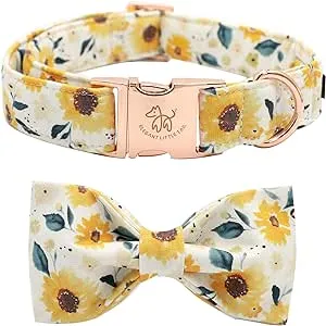 Elegant little tail Sunflower Print Dog Collar, Girl Dog Collar with Bow Adjustable Soft Bow tie Dog Collars for Large Dogs