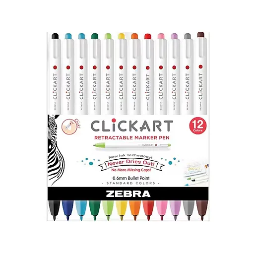 Zebra Clickart Porous Point Pen, Retractable, Fine 0.6 mm, Assorted Ink Colors, White Barrel, 12/Pack