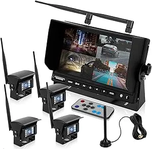 Pyle Waterproof Car Parking Rear View Reverse Safety Vehicle Monitor System w/Quad View 7” Video LCD, DVR Recording, Night Vision Wireless Backup Rearview Dash Camera - Remote Control