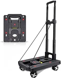 Portable Folding Hand Truck, 110 lbs Heavy Duty Luggage Cart with 4 Rotate Wheels, Hand Truck Dolly Foldable, Utility Cart with Adjustable Handle for Luggage Travel Shopping Moving Office Use