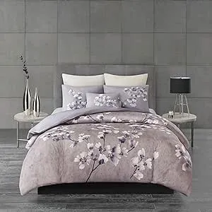 N Natori - Sakura Blossom 3 Piece Cotton Sateen Printed Duvet Cover Set - King - Lilac