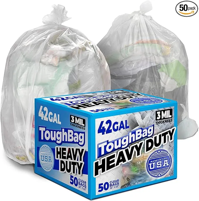 ToughBag 42 Gallon Trash Bags, 2.5 Mil Contractor Bags, Heavy Duty Large Trash Can Liners, Recycling Trash Bags, 33 x 48" (50 COUNT/CLEAR) - Outdoor, Construction, Lawn, Industrial, Leaf - Made in USA