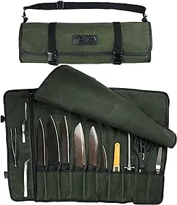 Asaya Canvas Chef Knife Roll Bag - 10 Knife Slots and a Large Zipper Pocket - Durable 10oz Canvas Knife Case with an Adjustable Shoulder Strap - Knives not Included (Forest Green)