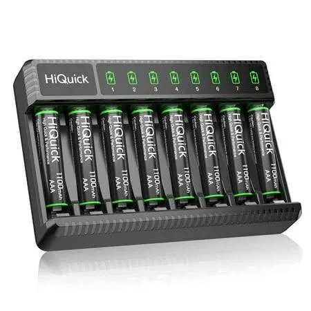 Hiquick Rechargeable AAA Batteries (8 Pack), 1.2V Ni-MH 1100mAh AAA Batteries with 8 Bay Smart Battery Charger for AA/AAA Ni-MH/NiCD Rechargeable