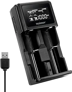 Tenergy TN471U 2-Bay Universal Battery Charger with LCD for Li-ion/NiMH/NiCD Rechargeable Batteries, Micro USB Input, Portable Charger for Batteries Sizes 18650, 16340, 26650, AA, AAA, and More