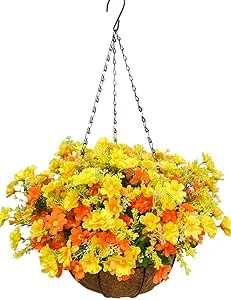 Lopkey Autumnal Artificial Daisy Flowers Outdoor Indoor Patio Lawn Garden Fall Hanging Basket with Chain Flowerpot,10 inch Yellow