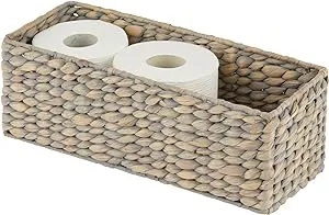 mDesign Woven Hyacinth Narrow Bathroom Toilet Roll Holder Storage Organizer Basket Bin - Rectangle Containers for Bathroom, Toilet Tank - Hold 3 Rolls of Toilet Paper - Gray