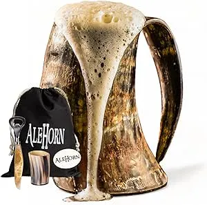 AleHorn Viking Horn Mug, Shot Glass and Bottle Opener Bundle | Viking Drinking Horn Set | Viking Horn Cup, Viking Mug Gift Ideas For Him - Viking Drinking Horn Mug Set for Beer, Ale or Mead - 16 oz