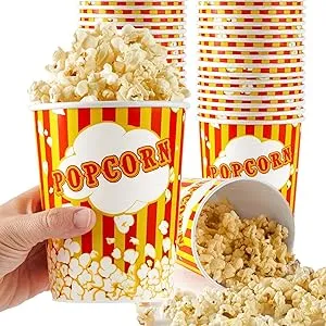 32 Oz Popcorn Buckets, Disposable Popcorn Containers (50 Count), Large Cups, Car