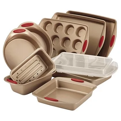 Rachael Ray 47578 Cucina Nonstick Bakeware Set with Grips Includes Nonstick Bread Pan, Baking Sheet, Cookie Sheet, Baking Pans, Cake Pan and Muffin Pan - 10 Piece, Latte Brown with Agave Blue Grips