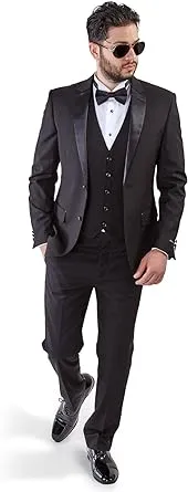 Slim Fit AZAR MAN Black Tuxedo 2 Button Satin Notch Lapel 3 Piece Vested BY AZAR