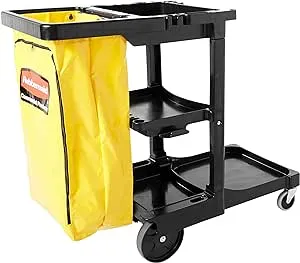 Rubbermaid Commercial Traditional Janitorial 3-Shelf Cleaning Cart, Wheeled with Zippered Yellow Vinyl Bag, for Business/School/Office/Janatorial Cleaning