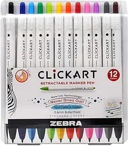 Zebra Pen Click Art Retractable Marker Pen, Fine Point, 0.6mm, Assorted Colors, 12 Pack