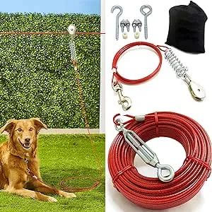 Heavy Duty Aerial Dog Tie Out Trolley System for Small to Large Dogs - 100ft Dog Run Cable Dog Zipline with 10ft Runner Cable Great for Yard Camping Outdoor (Red, 100 ft for one Dog up to 125 lbs)