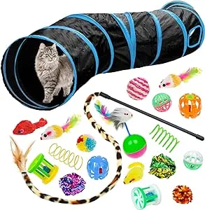 Malier Cat Toys Kitten Toys Set, Collapsible Cat Tunnels for Indoor Cats, Interactive Cat Feather Toy Fluffy Mouse Crinkle Balls Toys for Cat Puppy Kitty Kitten Rabbit (A-Rainbow)